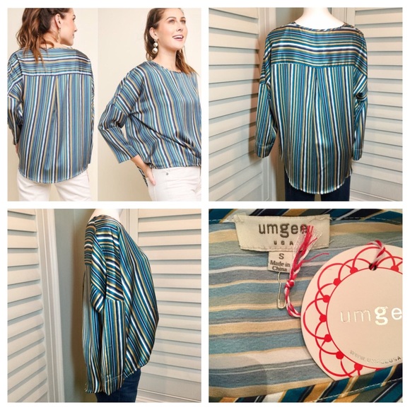 Umgee Teal Satin Hi Low Striped Top, S-M - Picture 6 of 8